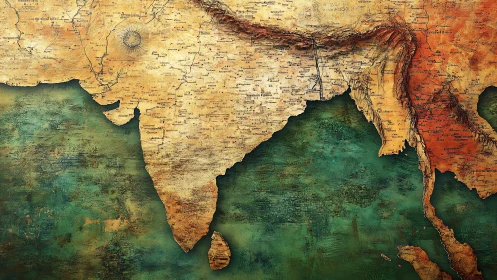 Detailed vintage style map of India and Southeast Asia.