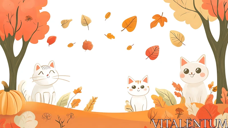 Autumn Cats Among Falling Leaves with Pumpkins and Trees