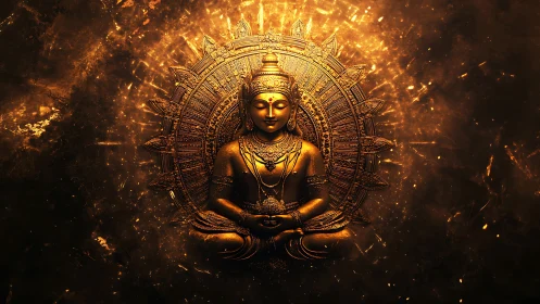 Golden seated deity statue with radiant circular halo.
