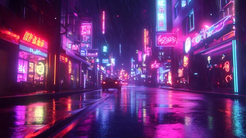 Rain-soaked neon boulevard in dense cyberpunk high-rise district