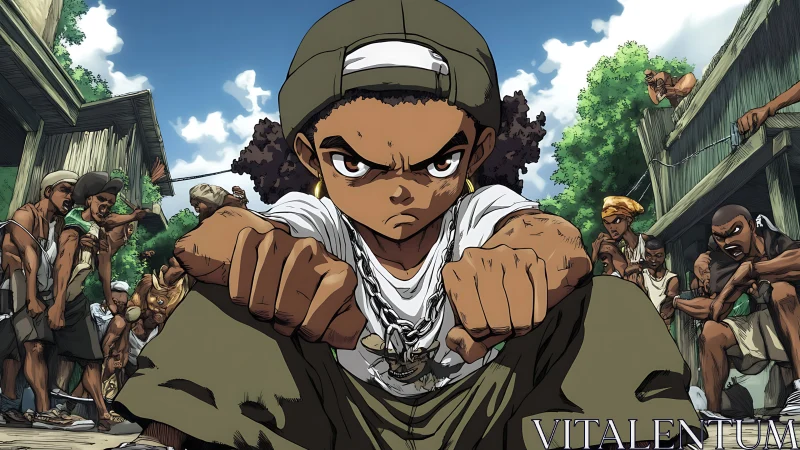 Streetwise kid plants defiant fists at the center of chaos