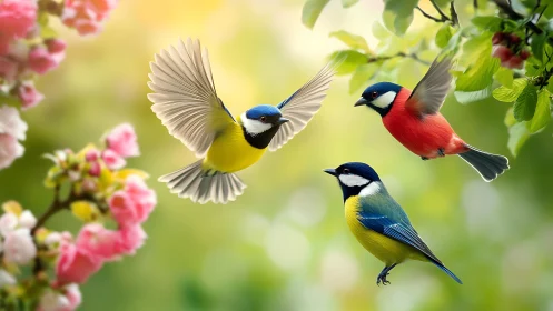 Colorful songbirds in spring garden, soft bokeh nature photography.