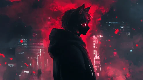 Cyberpunk lupine silhouette in neon red atmospheric backlight.