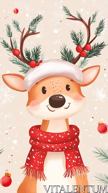 Cartoon reindeer portrait with festive botanical antlers.