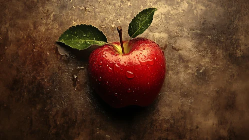 Juicy red apple resting on rustic bronze toned table.