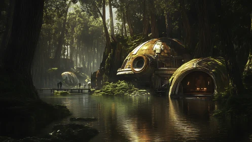 Futuristic domed forest outpost reflects across still water.
