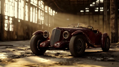 Dustlit scarlet roadster dreaming in a forgotten factory.