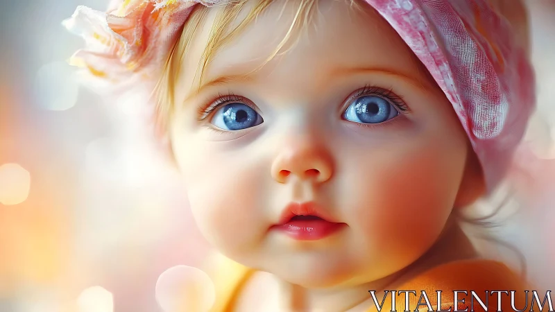 Radiant Child Portrait with Azure Eyes and Pink Details.