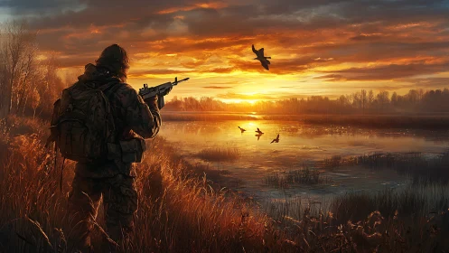 Camouflaged hunter by marshland lake at fiery autumn sunset