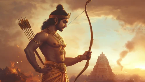 Divine archer warrior framed by temple at molten sunset.