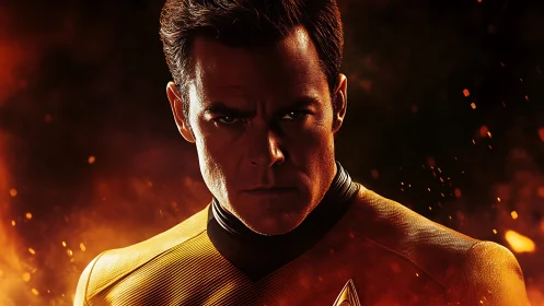 Determined space explorer framed by fiery cosmic glow.