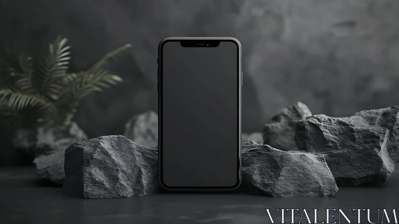 Black smartphone mockup with notch display against textured stone surfaces and botanical elements.