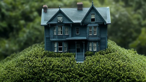 Miniature blue Victorian house centered above dense shrubs