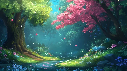 Enchanted Forest Glade: Luminous Tree-lined Stream with Blooming Flora