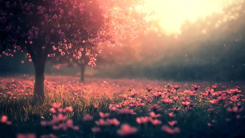 Soft sunrise light gently bathes a dreamy pink flower meadow