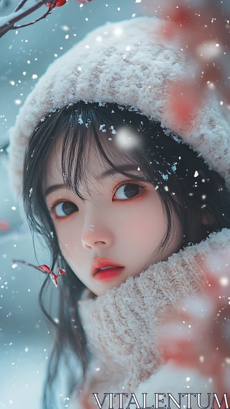Winter portrait of stylized young girl in snowfall, soft bokeh