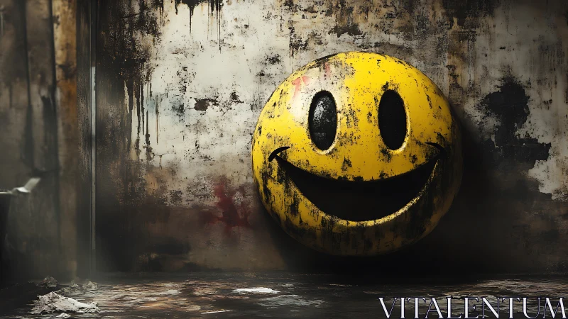 Corroded industrial smiley emblem on distressed concrete wall.
