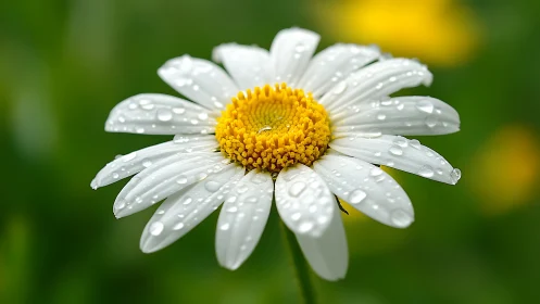 Macro daisy portrait with dewdrops and soft bokeh field.