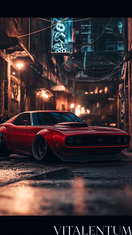 Crimson muscle car prowls neon alleyways after midnight rain