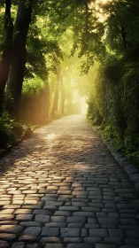 Sunlit cobblestone path through tranquil forest corridor.