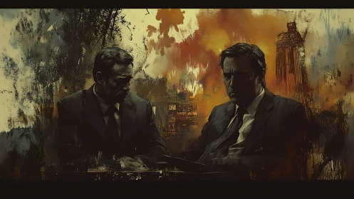 Two suited men at table before abstract urban backdrop.