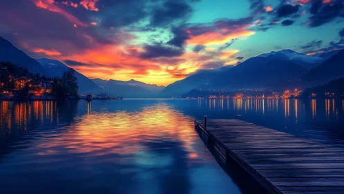 Pier of quiet dreams stretches into neon-soaked twilight lake