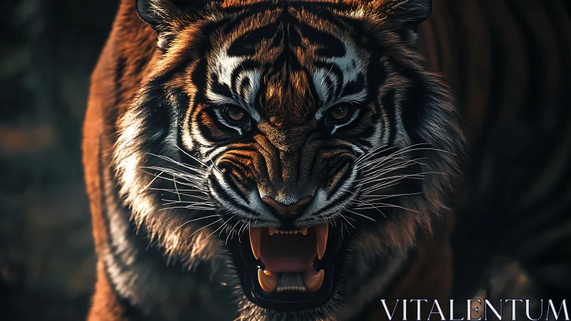 High-contrast predatory tiger render with dynamic rim lighting.