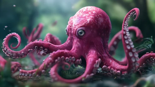 Forest pink octopus wanders the mossy undergrowth.
