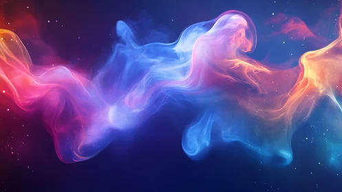 Colorful nebula-like light trails flow across dark space