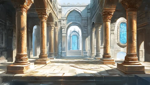 Sunlit sapphire hall where forgotten empires whisper.