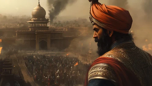 Warrior king surveys burning city in golden dusk haze.