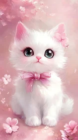 White Fluffy Cat with Pink Bow Among Blossoms.