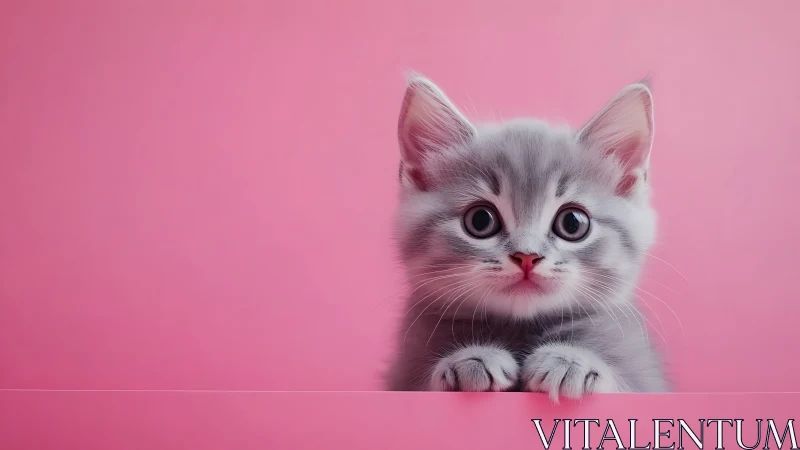 Grey Tabby Kitten Portrait Against Monochromatic Pink Background.