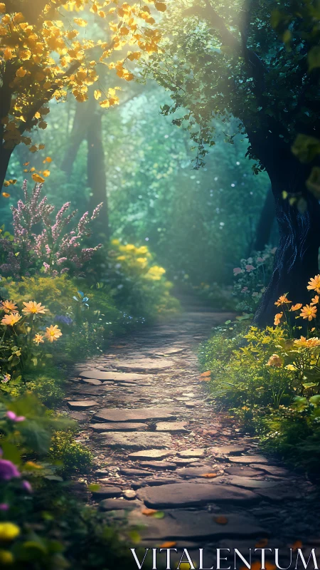 Forest pathway with autumn foliage and flowering plants.