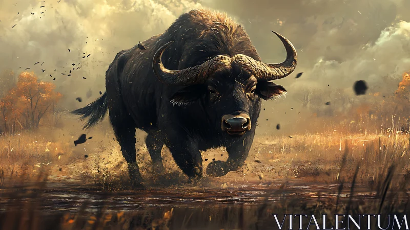 Kinetic buffalo charge across autumn marshland in motion study.