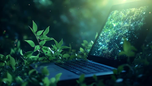 Ultrabook in luminous forest foliage with bioluminescent display