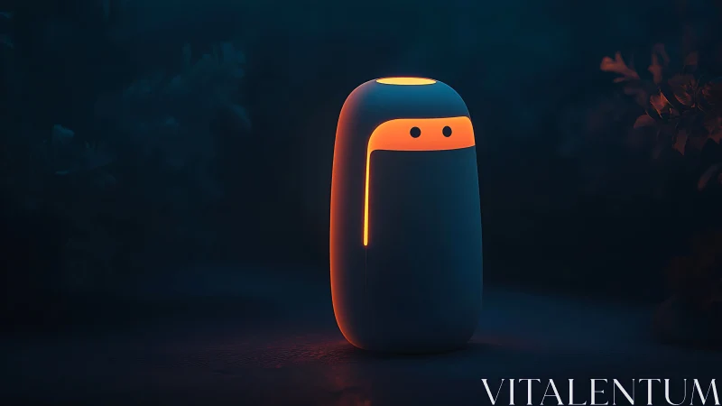 Minimalist glowing robot totem emits soft orange neon light