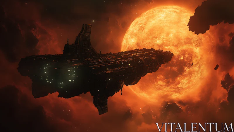 Colossal starship drifts past blazing sun in fiery nebula