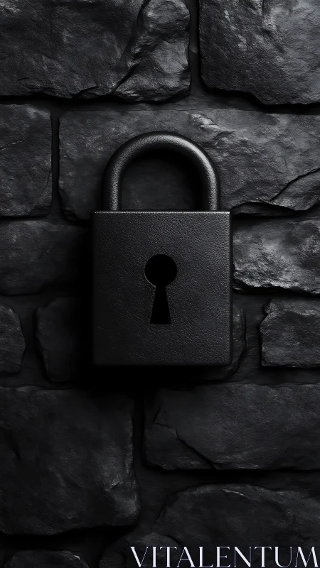 Quiet black padlock resting against rugged shadowed stone wall.