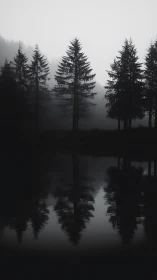 Silhouetted fir trees mirrored on a misty forest lake at dusk.