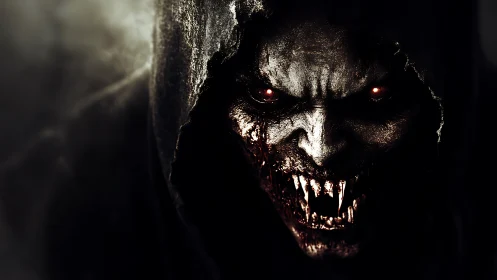 Demonic predator emerges from darkness with bloodied fangs.