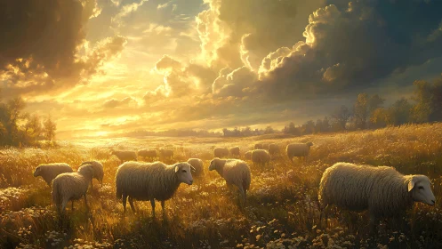 Sheep stand dispersed in a sunlit, densely textured field