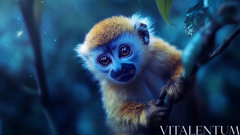 Golden-furred baby monkey in glowing blue forest night.