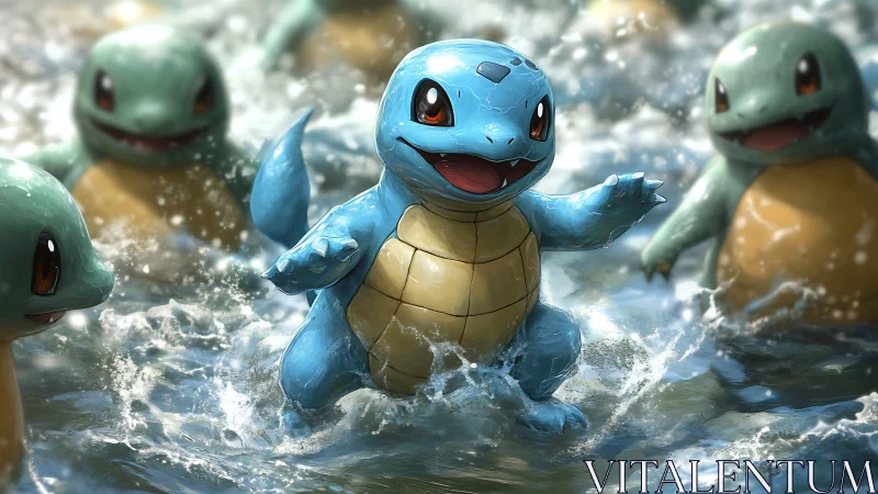 Blue turtle creature leads similar characters splashing in water