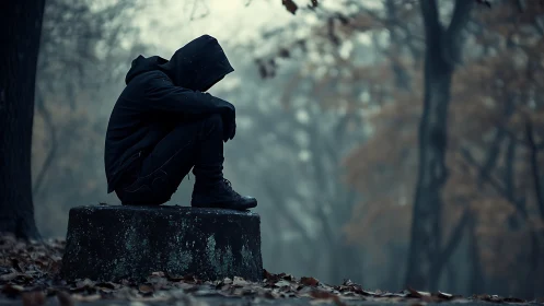Hooded figure sits alone in a misty autumn forest clearing