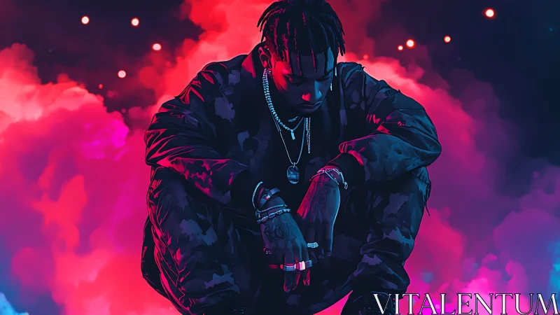 Neon-lit rapper crouches amid vivid magenta smoke clouds.