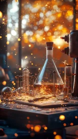 Photorealistic alchemy lab still life with glowing bokeh light.