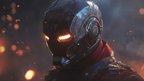 Battleworn tactical exosuit helmet with glowing visor in embers