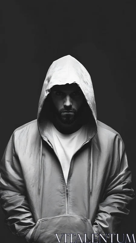 Hooded silhouette carves mystery from monochrome shadow.