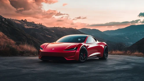 Red electric sports car parked on mountain road at dusk.